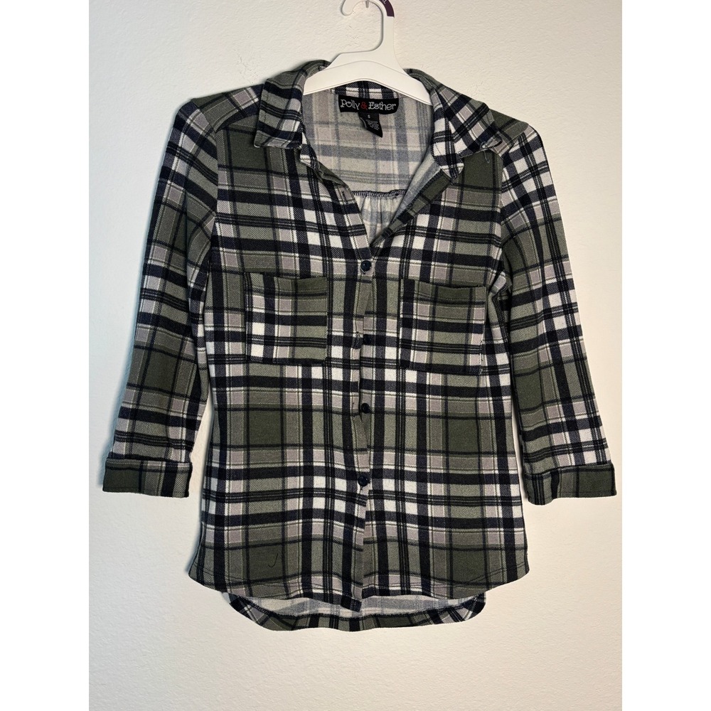 Polly & Esther Womens Plaid Button Down Shirt Olive Green Black White Size S